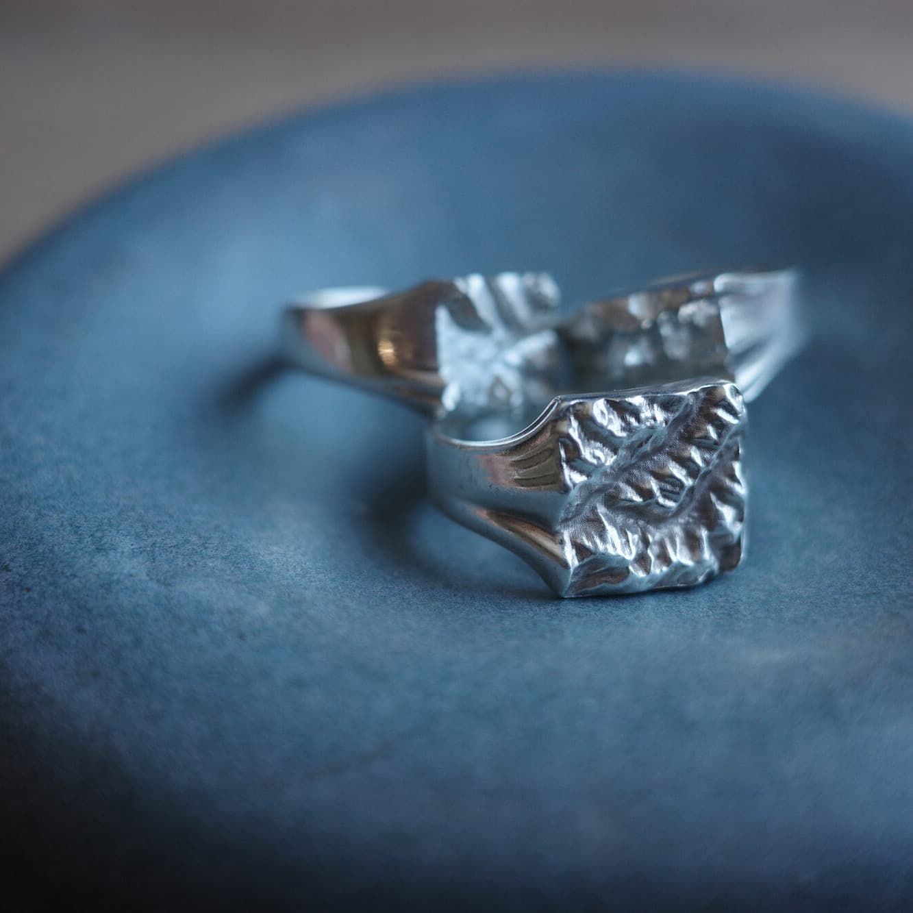 Two silver Wildring signet rings resting on a blue stone
